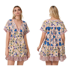 Floral Print Short Sleeve V-Neck Ruffled Hem Loose Mini Dress with Pockets