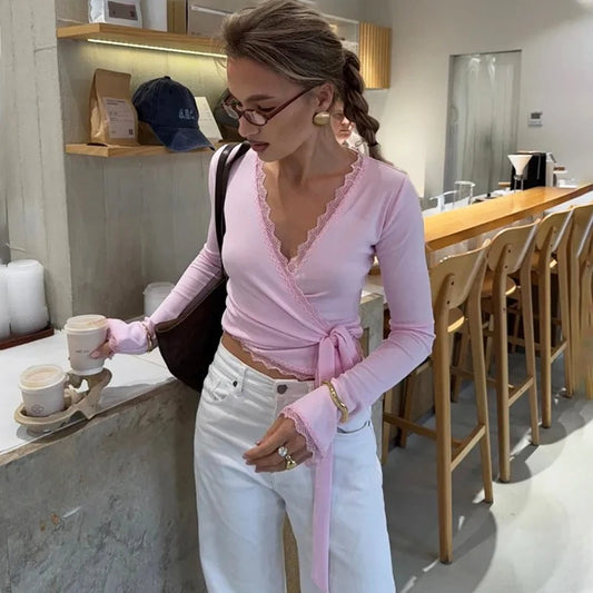 Lace Trim Long Sleeve Wrap Around Top