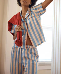 Striped Button Down Shirts And Wide Leg Lounge Pants Set