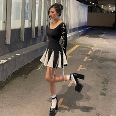 Black Long Sleeve White Frill Patchwork Bow Mini Dress - Free From Label