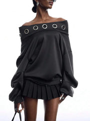 Grey Off-Shoulder Metal Eyelet Hooded Sweatshirt