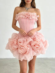 Strapless Patchwork Floral Ruffle Mini Dress