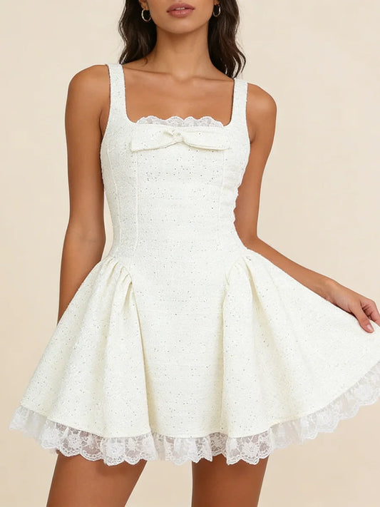 White Tweed Sparkle Bow Flare Mini Dress
