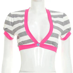 Striped Short Sleeve  Deep V-Neck Crop Top