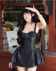 Black Pu Leather Patchwork Mini Dress