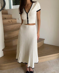 Knit Two Tone Short Sleeve Buttoned Top And Pleated Midi Skirt Set - Free From Label