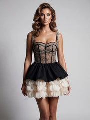 Beaded Strap Mesh Tiered Ruffle Patchwork Mini Dress