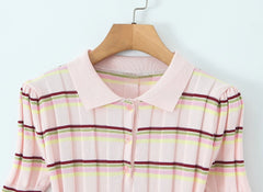Knit  Striped Short-Sleeve Polo Top