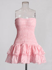 Ruched Strapless Embroidered Frill Mini Dress