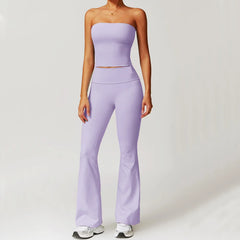 Person wearing a lavender strapless top and high-waisted leggings - front view