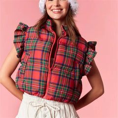 Red Plaid Ruffle Cap Sleeve Zip Cropped Puffer Vest