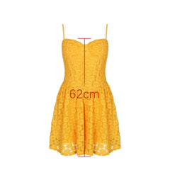 Yellow Strap Jacquard Lace Mini Dress