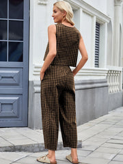 Printed Plaid Sleeveless Vest And Wide Pants Set