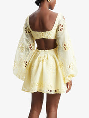 Yellow Floral Embroidery Long Sleeve Mini Dress