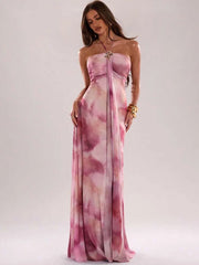 Pink Tie-Dye Mesh Halter Metal Ribbon Maxi Dress