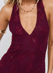 Burgundy Halter Sequin Mini Dress