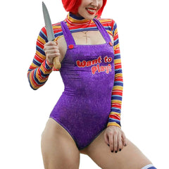“Horror doll cosplay romper with rainbow stripes and knife prop”