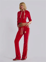 Red Velvet  Zipper Crop Hoodie And Flare Pants Set