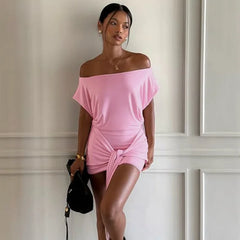 Pink Short Sleeve Waist Tie Mini Dress