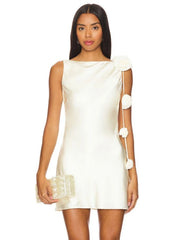 Satin Open Back Strap Flower Draped Mini Dress