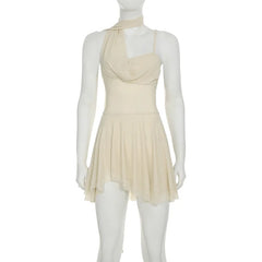 Women's white mini dress with draped scarf detail, strappy design, and frill accents.