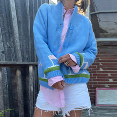 Blue Golf Car Long Sleeve Knitwear Cardigan with Pockets