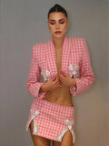 Pink Checkered Rhinestone Desgin Crop Blazer And Mini Skirt Set