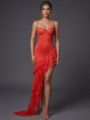 Spaghetti Strap Bustier Ruffes Tiered Hem Midi Dress