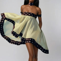 Polka Dots Trim Choker Off Shoulder Strap Bubble Mini Dress 