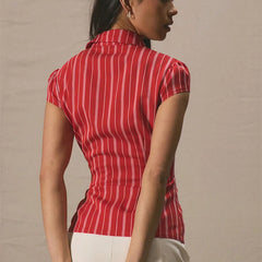 Red Stripe Short-Sleeved Button-Up Shirt