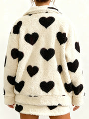 Heart Print Fuzzy Fleece Zip Up Jacket