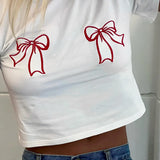 White Embroidered Red Bow Crop Top
