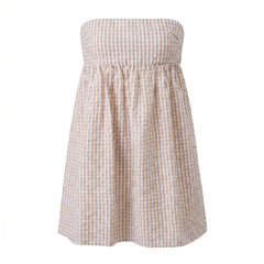 Gingham Strapless Babydoll Back Tie Mini Dress