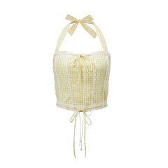 Gingham Halter Lace Trim Tie Back Crop Top