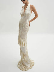 Beige Halter Folds Ruffles Long Dress