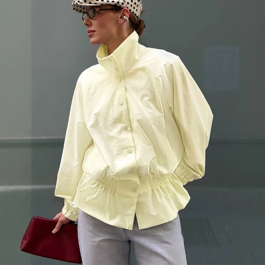Windbreaker Jacket Stand Collar Button Waist-Cinching Ruffles Coat
