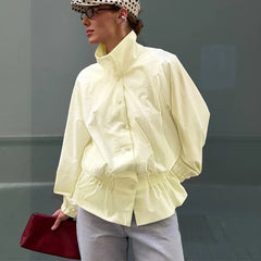 TARUXY 2026 Autumn Women's American Style Windbreaker Jacket Stand Collar Button Waist-Cinching Ruffle Slim Fashion Street Coat
