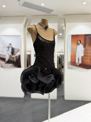 Spaghetti Strap Diamonds Ruffles Flower Hem Mini Dress