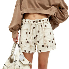 Polka Dot Denim Shorts with Braided Drawstring