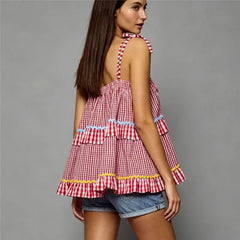 Red Checkered Spaghetti Strap Bow Tie Blouse