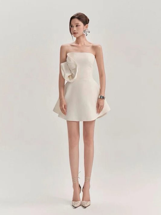 White Strapless 3D Flower Mini Dress