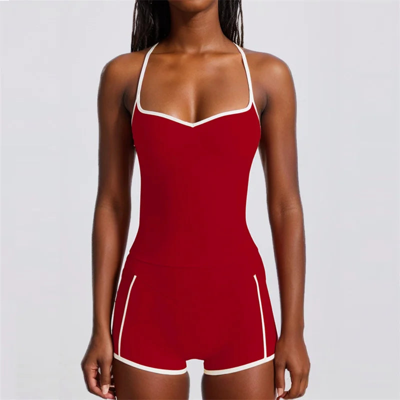 Red romper with white trim - front view