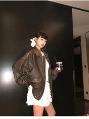 Distressed Zipper Soft Bomber Faux Leather Jacket