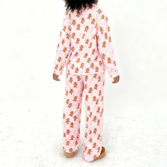 Christmas Gingerbread Man Print Fleece Top with Elastic Waist Pants Pajama Set