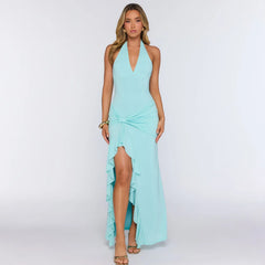 Halter Knot Waist Ruffle Hem Midi Dress