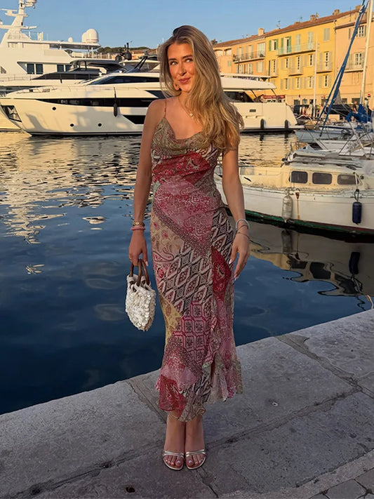 Paisley Patchwork Cowl-Neck Maxi Dress