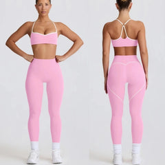 Woman wearing a pink sports bra and leggings set, shown from front and back 