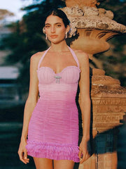 Pink Gradient Bandage Ruffles Mini Dress