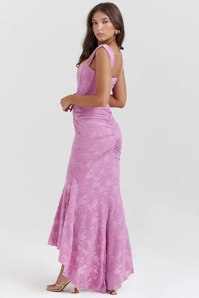Purple Lace Floral Frill Corset Maxi Dress