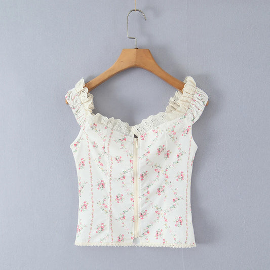 White Floral Embroidery Lace Slash Shoulder Crop Top